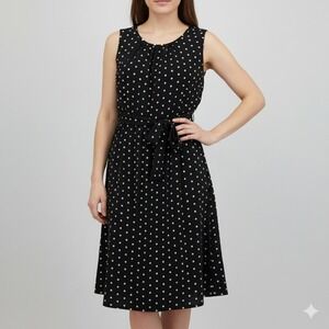 Talbots Petite Black White Polka Dot Sleeveless Belt Midi Dress 14WP Retro Pinup